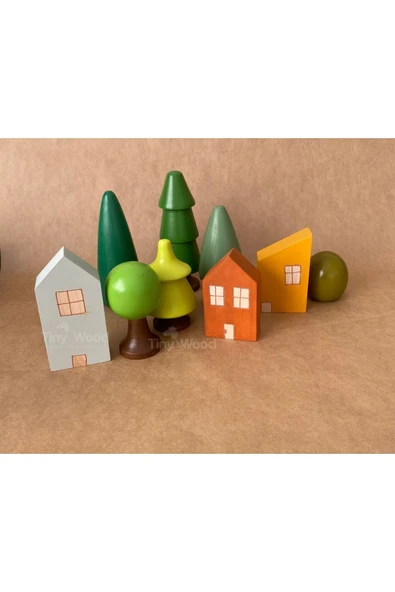 Çocuklar için Waldorf Ahşap Ev ve Orman Seti , Ahşap Eğitici Oyuncak Seti - Resim 2