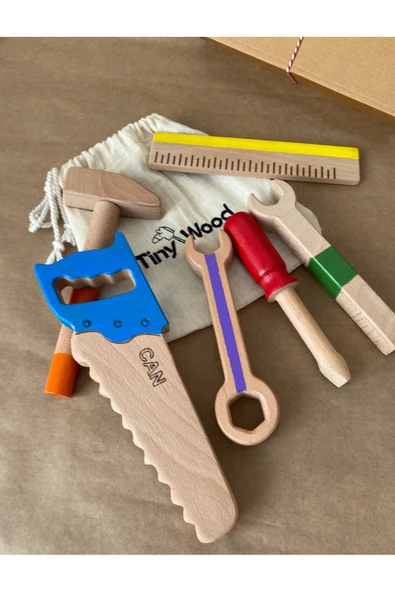 İsme Özel Renkli Ahşap Oyuncak Tamir Seti – Doğal Masif Montessori Oyuncak - Resim 4