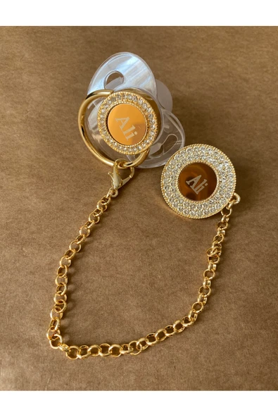 İsme Özel Altın Kaplama Zirkon Taşlı Bebek Emzik Seti (0-6 Ay) | Silikon & Damaklı Şeffaf - 4