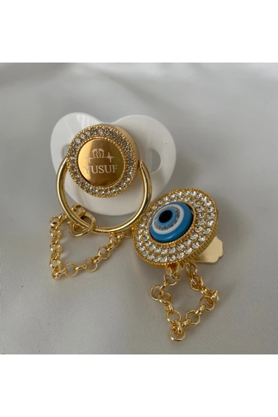 Altın Kaplama Nazar Boncuklu İsimli Emzik Zinciri Seti – Kişiye Özel Zirkon Taşlı Bebek Emziği - 6