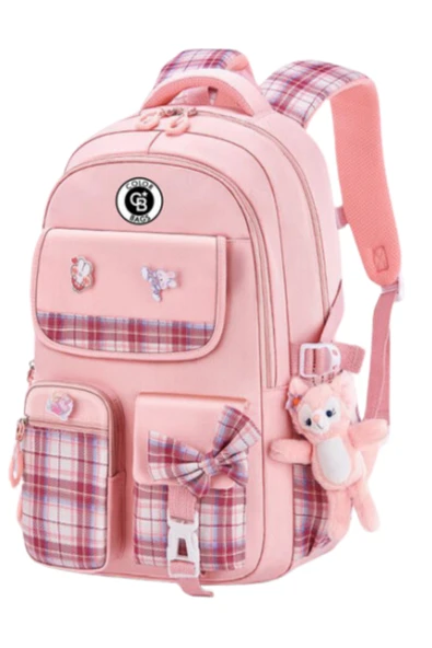 Kız Çocuk İlköğretim Çantası Ultra Hafif ilkokul / Ortaokul Okul Çantası Pembe- Pudra Ekose Cep