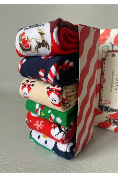 Yılbaşı 6’lı Desenli Çorap Seti | Unisex Hediye Kutulu Kış Temalı Çoraplar - 3