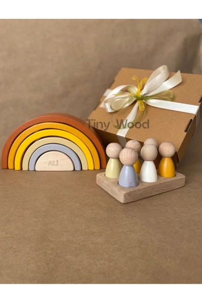 İsme Özel Waldorf 6 Parçalı Gökkuşağı ve 6’lı Peg Bebek Tabla Seti – Eğitici Ahşap Oyuncak - 7
