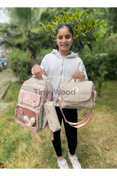 Kawaii Kore Tarzı Aksesuarlı Ve Ergonomik Okul Sırt Çantası Siyah-Bej-Gri| Beslenme, Kalemlik Set - 11