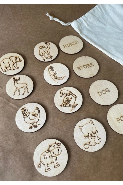 İngilizce  Hayvanları Ahşap Dil Hafıza Kartları 12 Parça Resimli - 2
