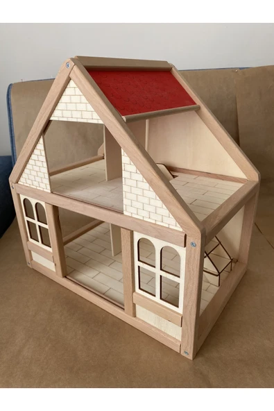 Ahşap Oyun Evi Doğal Ahşap Montessori Oyun Evi Kırmızı Çatılı Ev ürün görseli 1