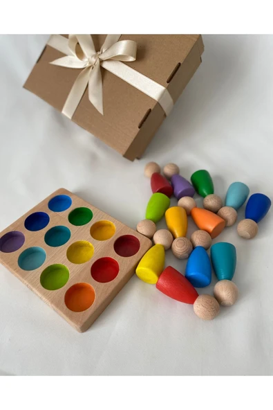 Waldorf Renkli Peg Bebek Ve Tabla Eşleştirme 12 Li İnsan Figür, Eğitici Bebek Oyuncak Ahşap Oyuncak