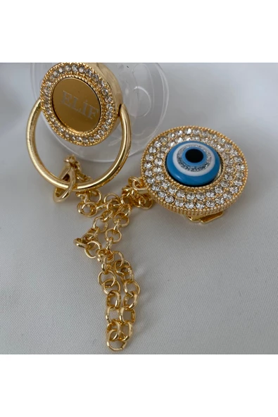 Altın Kaplama İsimli Zirkon Taşlı Silikon Emzik Seti (0-6 Ay) – Damaklı & Kişiye Özel Şeffaf