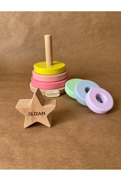 İsme Özel Ahşap Yıldız Halka Kule | Montessori Eğitici Oyuncak & Dekoratif Ahşap Hanoi - 7