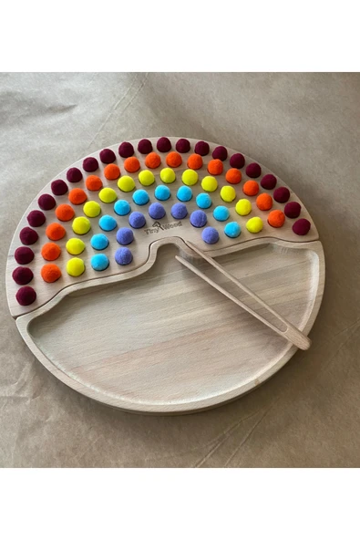 Montessori Ahşap Gökkuşağı Tepsisi – Renkli Ponpon Dizme ve İnce Motor Geliştirme Oyuncağı - Resim 4