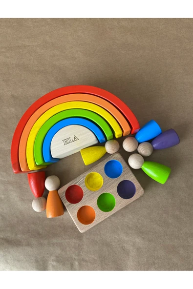 İsme Özel Waldorf 6 Parçalı Gökkuşağı ve 6’lı Peg Bebek Tabla Seti – Eğitici Ahşap Oyuncak - 12