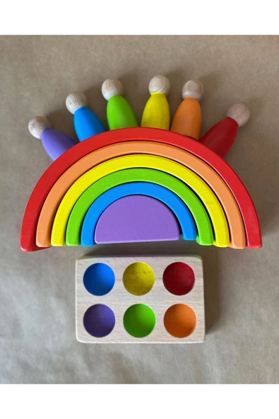 Waldorf 6 Parçalı Gökkuşağı  6 Lı Peg Bebek Tabla Seti Pastel Renk Eşleştirme - Resim 3