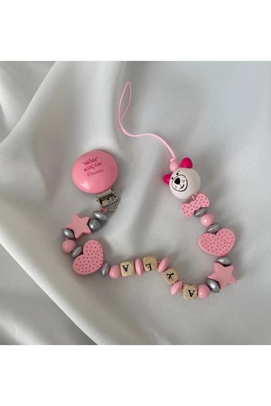 İsimli Emzik Zinciri – Doğal Ahşap Emzik Askısı – El Yapımı Bebek Hediyesi