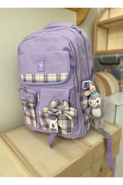 Kız Çocuk İlköğretim Çantası Ultra Hafif ilkokul / Ortaokul Okul Çantası Pembe- Pudra Ekose Cep - 10