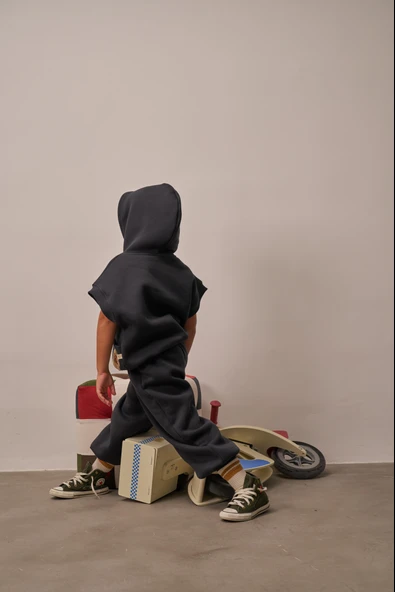 Koyu Gri Nakışlı Cepli Hoodie Takım - Resim 3