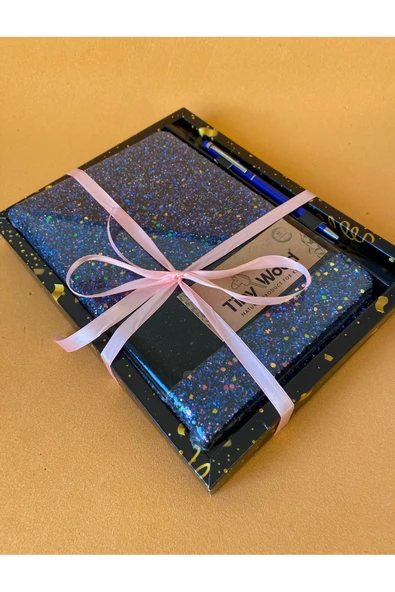 Simli Kapaklı Defter, Makyaj / Kalem Çantası ve 1 Adet Kalem Hediyelik Set Lacivert - 2