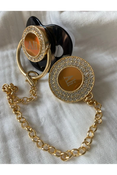 İsme Özel Altın Kaplama Zirkon Taşlı Bebek Emzik Seti (0-6 Ay) | Silikon & Damaklı Siyah Renk - 2