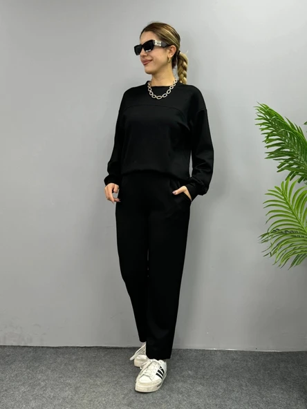 Kadın Uzun Kollu Bisiklet Yaka Viskon Iki Iplik Bluz Ve Pantolon Ikili Takım - Resim 6