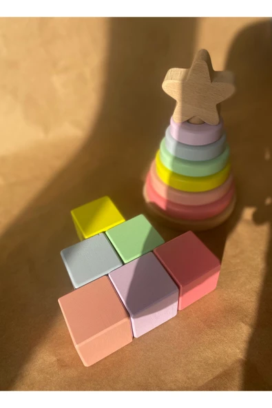 Waldorf Ahşap Yıldız Kule Hanoi ve 7'li Küp Seti Eğitsel Ahşap Oyuncak - 3