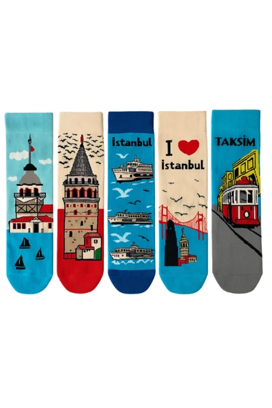 İstanbul Temalı 5’li Renkli Çorap Seti | Unisex Hediye Kutulu Çoraplar | Doğal Pamuk - 3