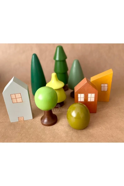 Çocuklar için Waldorf Ahşap Ev ve Orman Seti , Ahşap Eğitici Oyuncak Seti - Resim 3