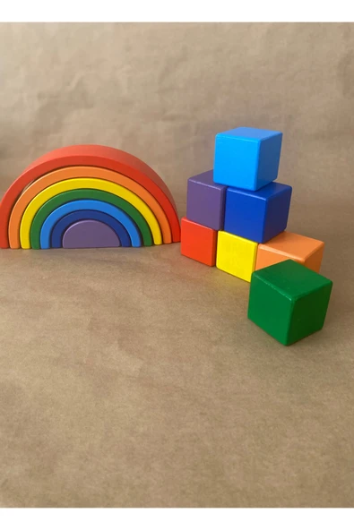 Waldorf Gökkuşağı  Ahşap Küp Seti Eğitsel Ahşap Oyuncak, Ahşap Gökkuşağı ve Küp Seti 7'li - 3