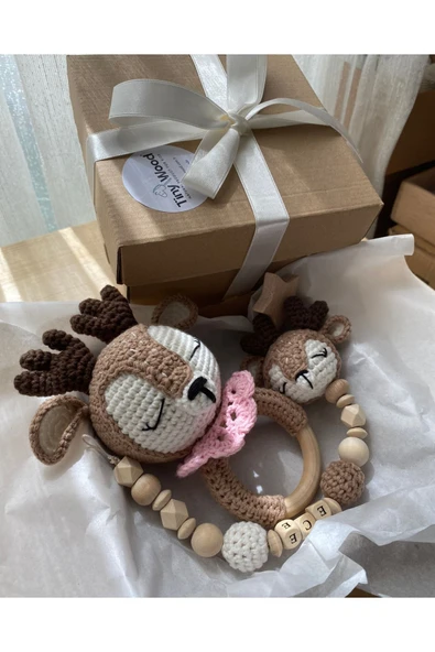 Bebek Hediyelik Geyik Emzik Zinciri Çıngırak Yenidoğan Kız Bebek Isimli Emzik Hediye Seti ürün görseli 1