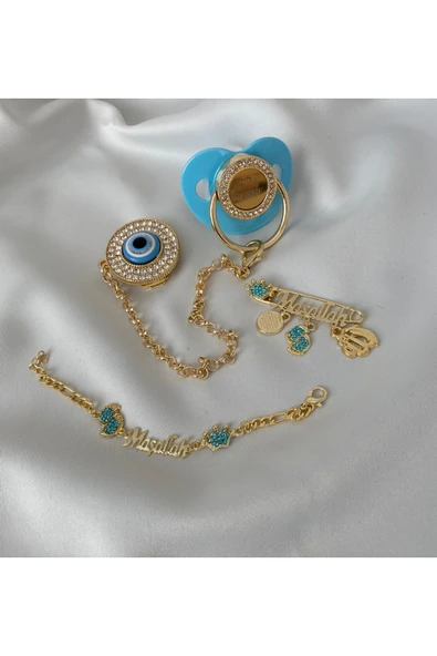 Altın Kaplama Nazar Boncuklu Zirkon Emzik Seti – Maşallah İğnesi & Bebek Künyesi Dahil