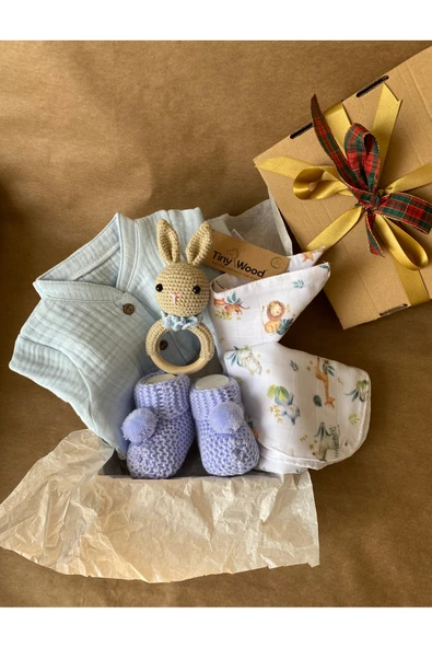 Organik Müslin Tulumlu Bebek Hediye Seti | Amigurumi Çıngıraklı - 4