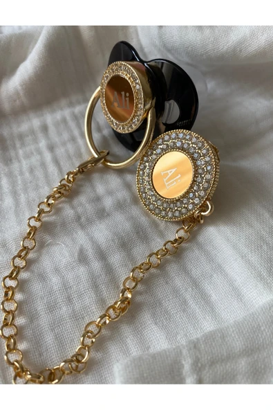 İsme Özel Altın Kaplama Zirkon Taşlı Bebek Emzik Seti (0-6 Ay) | Silikon & Damaklı Siyah Renk - 4