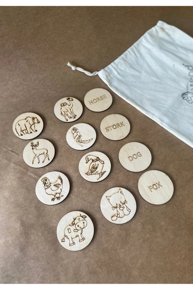 İngilizce  Hayvanları Ahşap Dil Hafıza Kartları 12 Parça Resimli