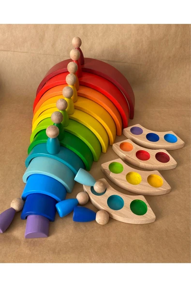 12'li Waldorf Gökkuşağı Peg Bebek Tabla Yıldız Kule Waldorf Eğitsel Ahşap Oyuncak Jumbo 3 lü Set - 4