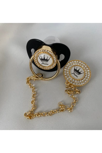 Altın Kaplama “Prens ” Yazılı Emzik Seti – Zirkon Taşlı Pembe Emzik ve Zincir - 3