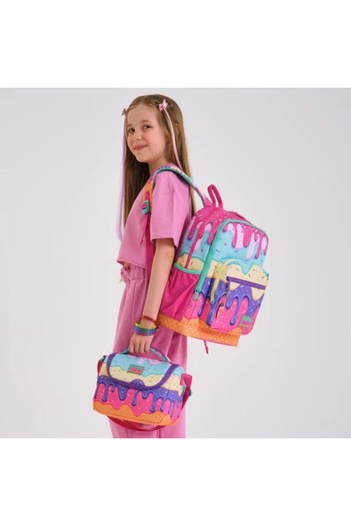 Pembe Rengarenk Dondurma Desenli 3’lü Okul Çanta Seti İlköğretim Okul Çantası, Beslenme ve Kalemlik - 2