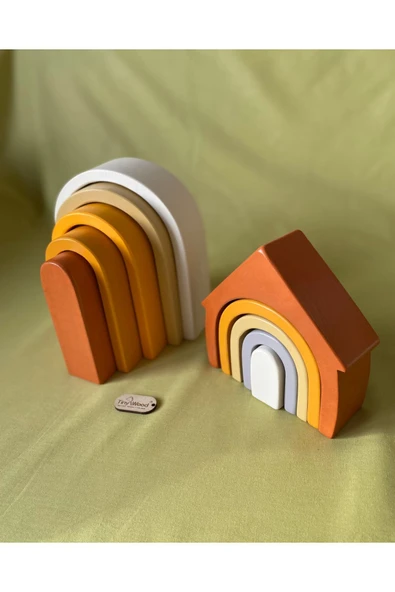 Waldorf Gökkuşağı Ev ve Ahşap U Şekli Waldorf Renkli Doğal Ahşap Eğitici Bebek Çocuk Oyuncak Seti - 5