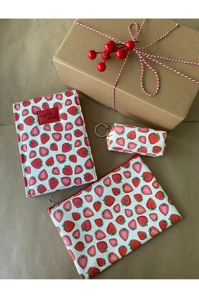 Çilek-Baykuş Desenli Deri Kaplı Defter Seti | 14x20 cm Çizgili Defter - 2