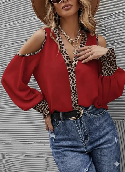 MDB Kadın Omuzlardan Açık Yakalı önden Düğmeli Leopar Detaylı Sandy Bluz - Resim 2