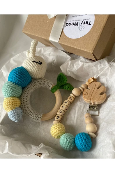 Amigurumi Sevimli Tırtıl Diş Kaşıyıcı Çıngırak Isme Özel Emzik Seti, Organik Unisex Bebek Hediyelik - 3