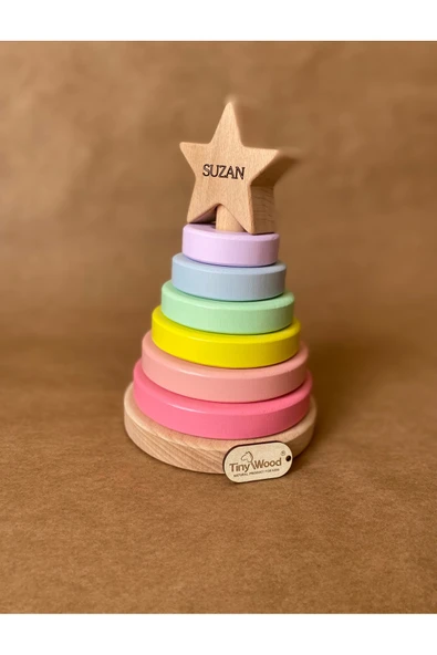 İsme Özel Ahşap Yıldız Halka Kule | Montessori Eğitici Oyuncak & Dekoratif Ahşap Hanoi - 10