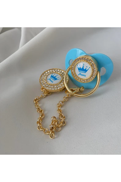 Altın Kaplama ''Prenses” Yazılı Emzik Seti – Zirkon Taşlı Pembe ve Emzik Zincir - 2