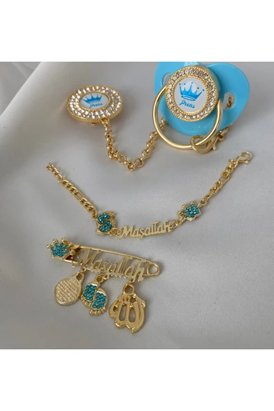 Altın Kaplama Zirkon Taşlı Emzik Seti – Maşallah İğnesi & Bebek Künyesi Dahil - Resim 6