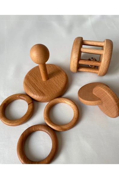 Doğal Ahşap Montessori Ahşap Oyun Seti, Oyun Halka, Disk, Çıngırak Seti 3 Lü - 6
