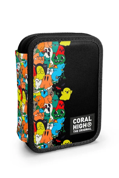 Kids Siyah Karikatür Desenli Çift Katlı Kalem Çanta 11150