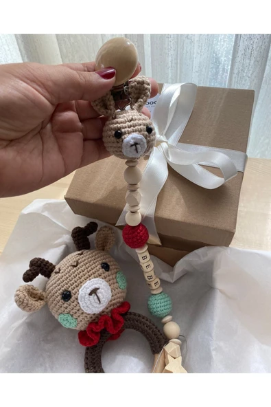 Bebek Hediyelik Geyik Emzik Zinciri Çıngırak, Yenidoğan Kız Bebek Isimli Emzik Hediye Seti ürün görseli 1