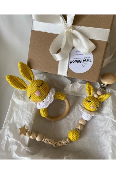 Hoşgeldin Bebek, Unisex, Yenidoğan Bebek Hediye Seti Isme Özel Emzik, Amigurumi Çıngırak - 2