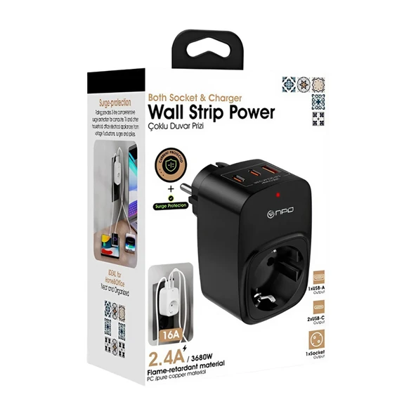 NPO Fulltech24 3680W Yüksek Voltaj/Akım ve Çocuk Korumalı Type-C ve USB Çoğaltıcı Duvar Prizi - 6