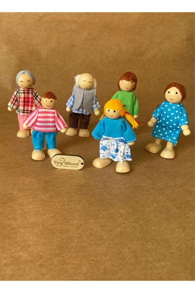 Ahşap Kukla Aile Seti 6'lı – Montessori Eğitim Oyuncağı, Oyun Evi Figürleri - Resim 4
