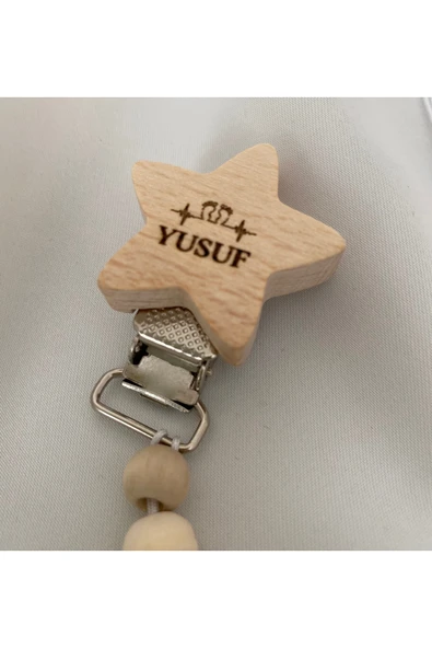 İsimli Emzik Zinciri – Doğal Ahşap Emzik Askısı – El Yapımı Bebek Hediyesi - 2