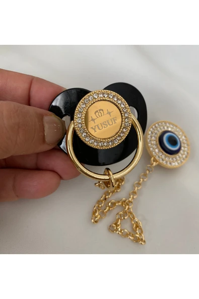 Altın Kaplama İsimli Zirkon Taşlı Silikon Emzik Seti (0-6 Ay) – Damaklı & Kişiye Özel Siyah - 4