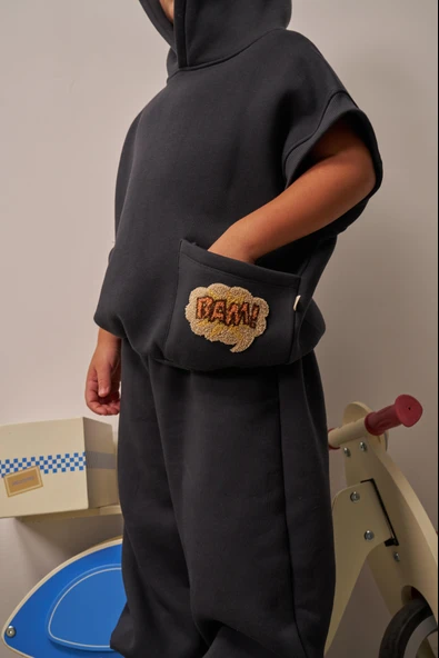 Koyu Gri Nakışlı Cepli Hoodie Takım - Resim 8